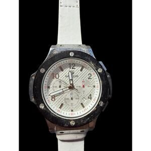 MEGIA M-3002 Men's Quartz Chronograph Watch White Leather Band Stainless Steel